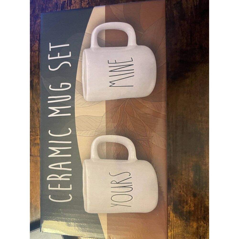 NWT Rae Dunn Inspired Ceramic White Yours Mine Coffee Mug Set 18 oz